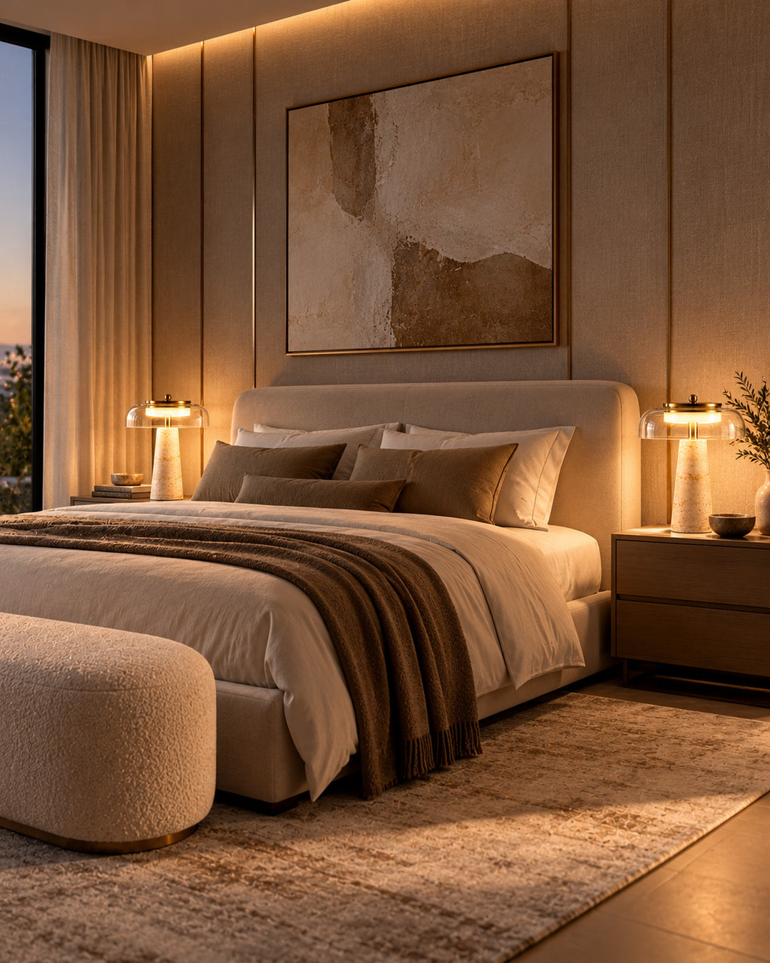 The Terrazza Travertine Table Lamp, Dimmable Glass Dome