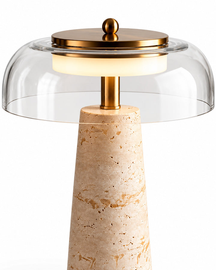 The Terrazza Travertine Table Lamp, Dimmable Glass Dome