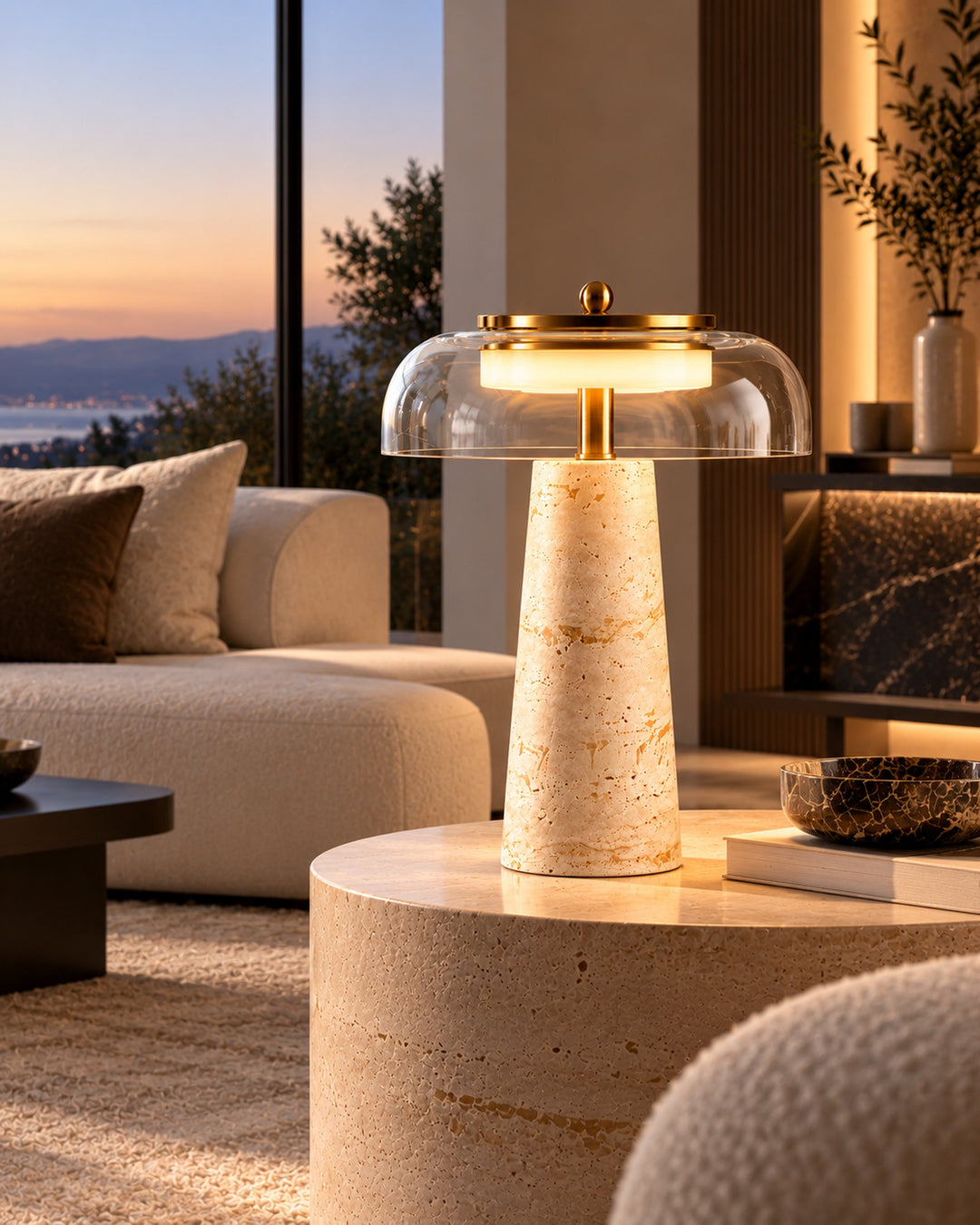 The Terrazza Travertine Table Lamp, Dimmable Glass Dome
