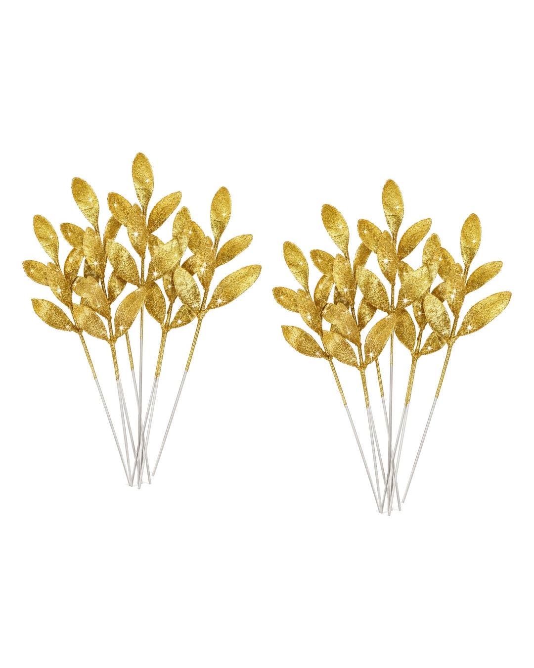 Two sets of gold glitter leaf picks side by side on a white background
