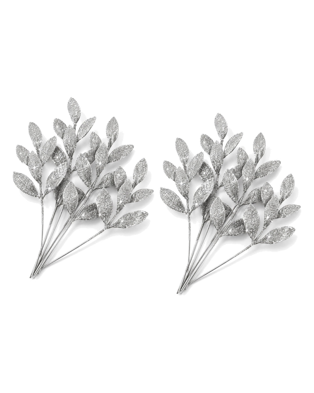 Two sets of silver glitter leaf picks side by side on a white background