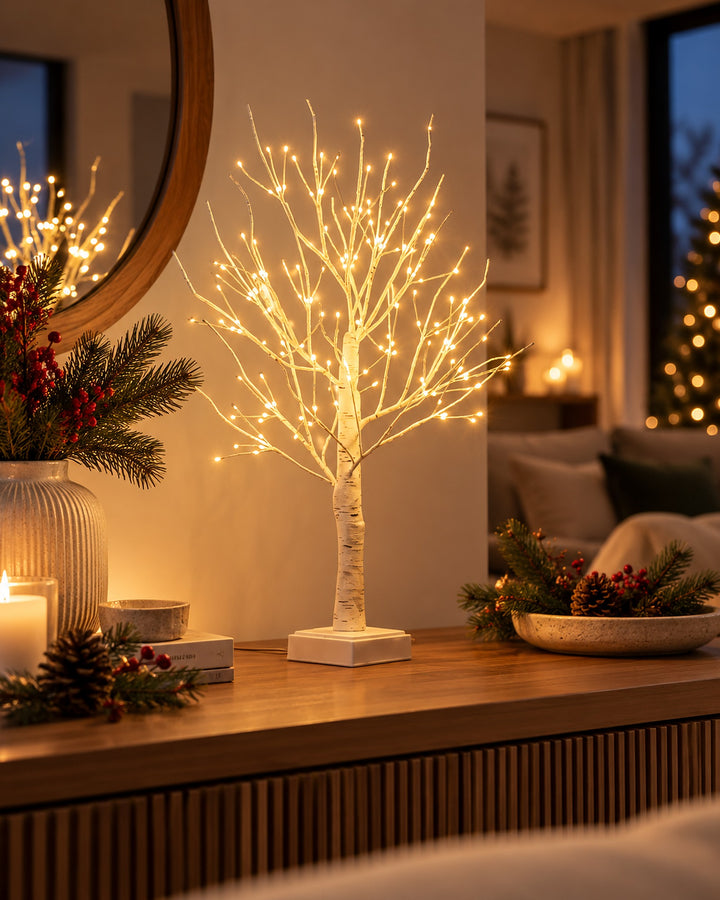 LED birch tree with warm white lights on a wooden console beside a round mirror and candles