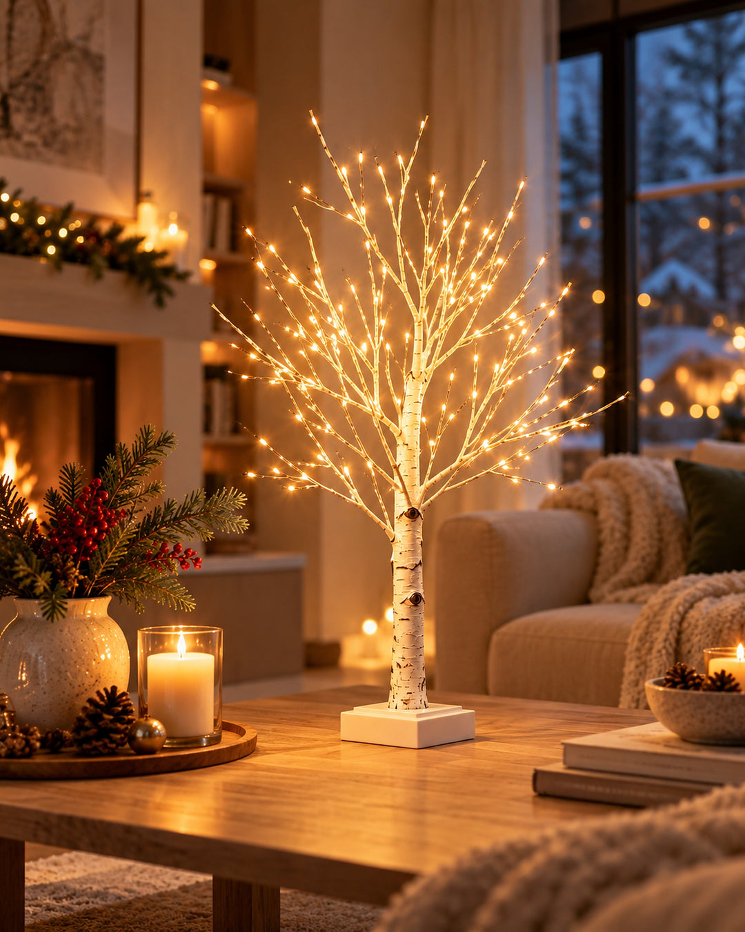 144 LED birch tree glowing warm white on a coffee table in a cozy Christmas living room