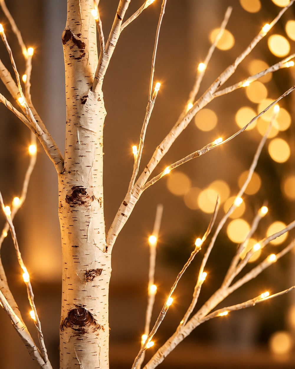 Close-up of the white birch bark trunk with tiny warm white LED lights glowing on the branches