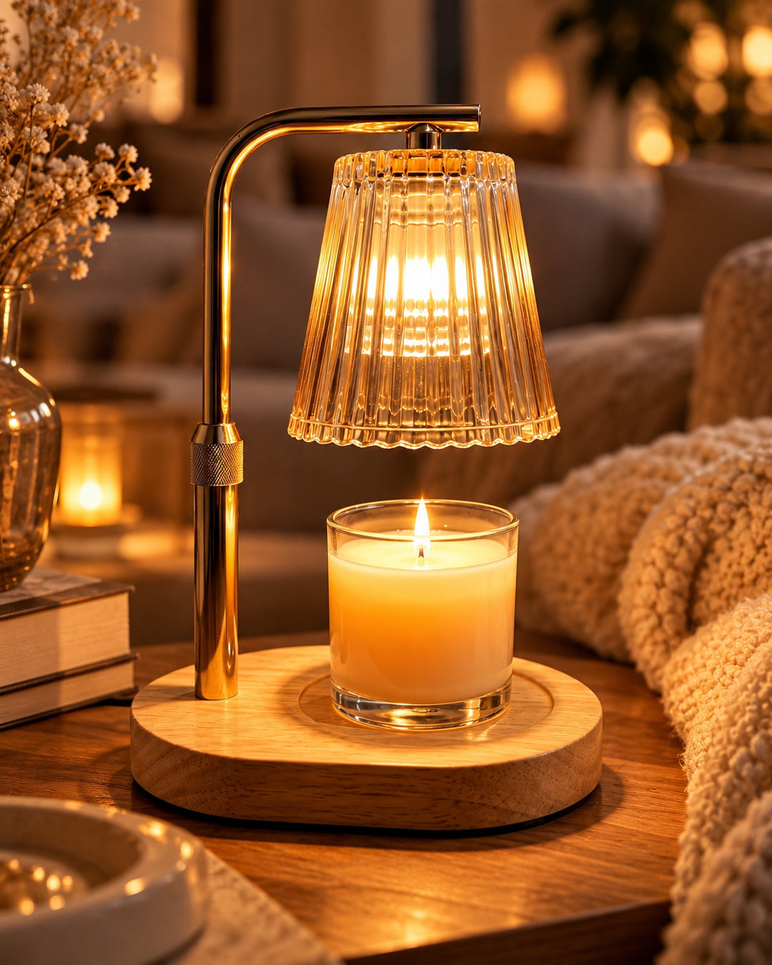 Candle warmer lamp with an amber ribbed glass shade melting a jar candle on a cozy nightstand