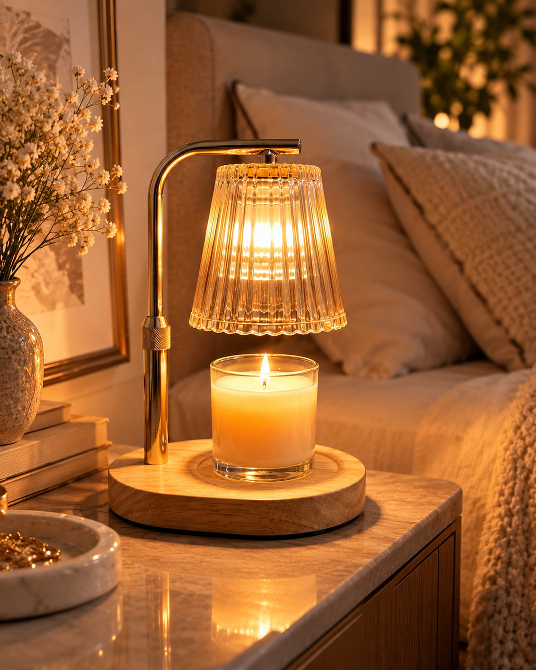 Candle warmer lamp lit on a marble nightstand beside a bed with soft pillows