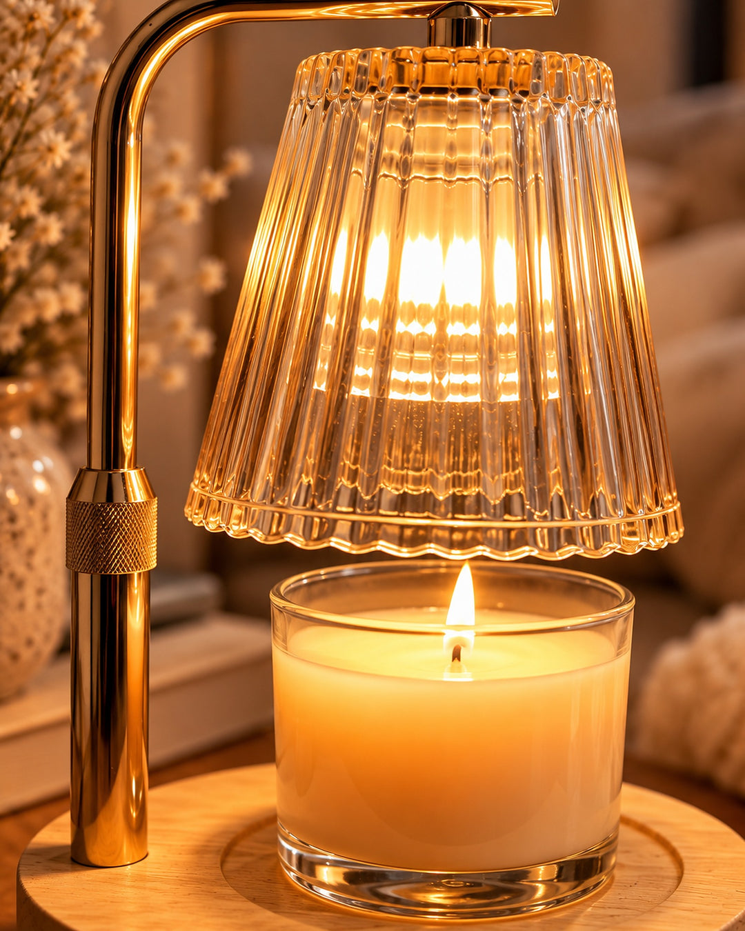 Close-up of the glowing ribbed glass shade warming a jar candle