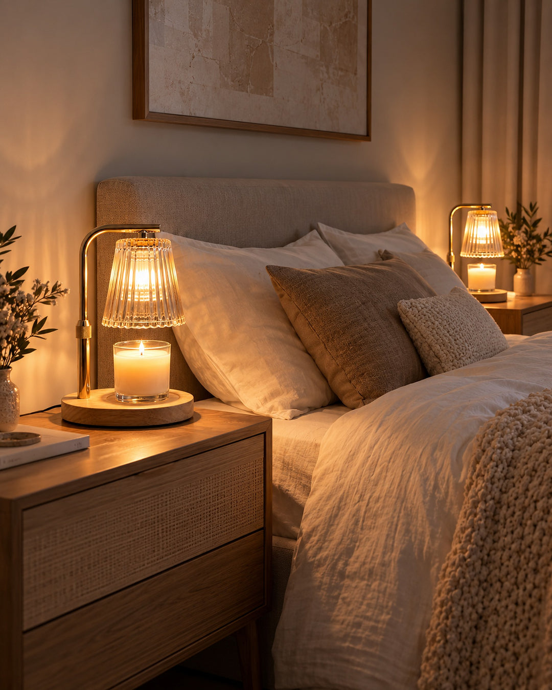 Two candle warmer lamps glowing on both nightstands of a cozy bedroom