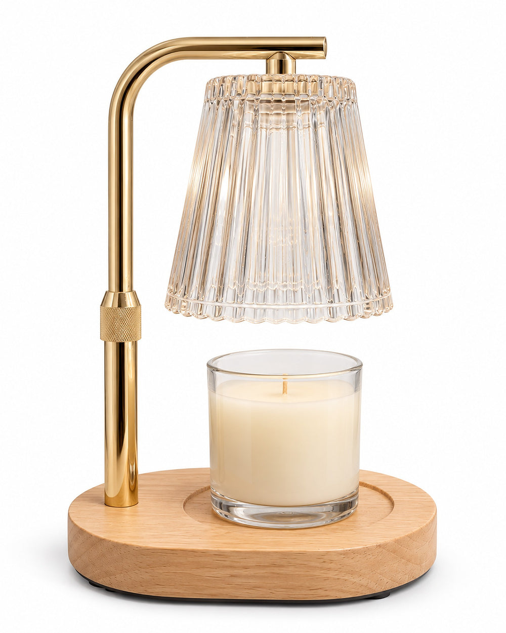 Candle warmer lamp with a ribbed glass shade, gold-tone arm and wooden base on a white background