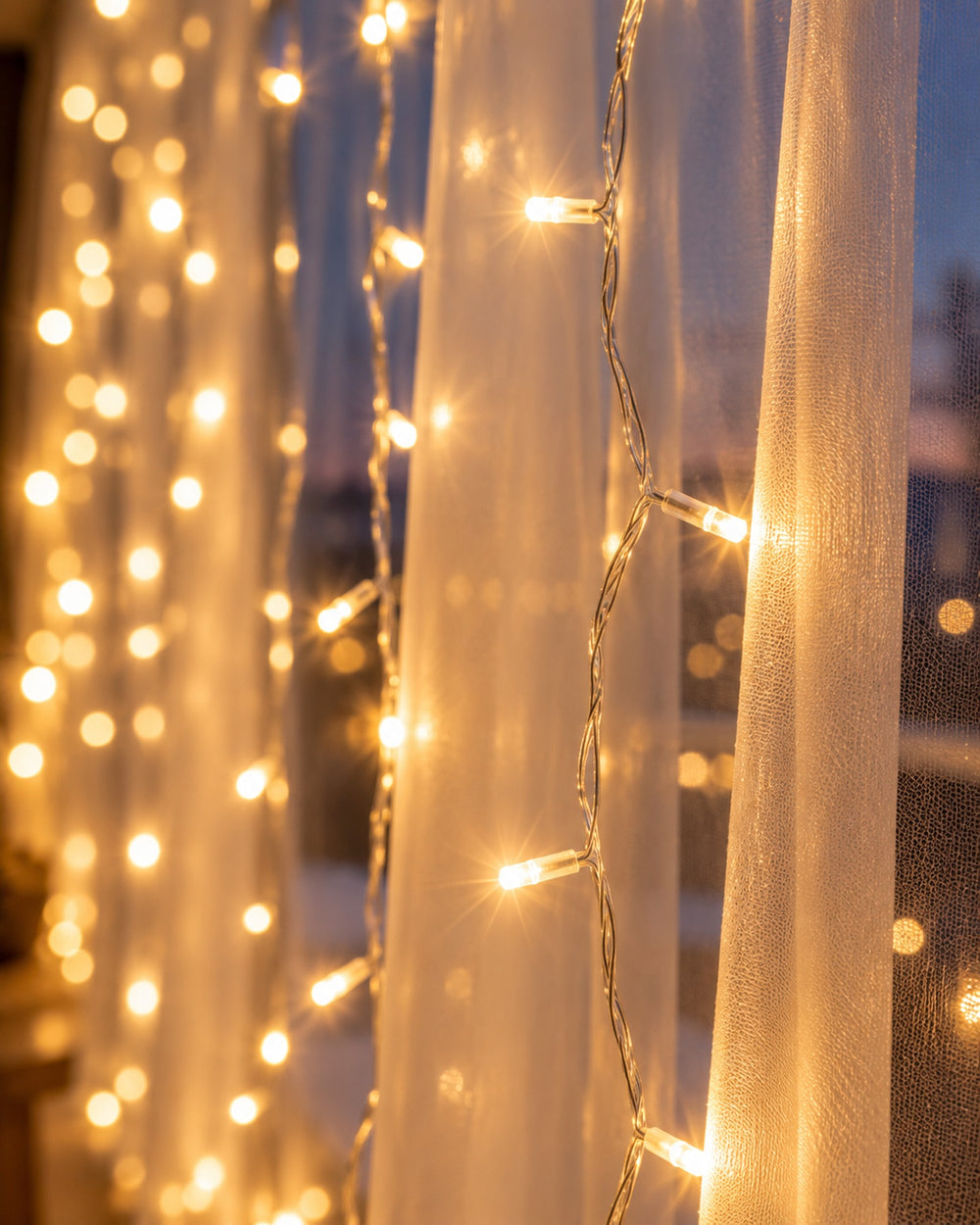 Close-up of warm white LED fairy curtain light strands with tiny bulbs on clear wire