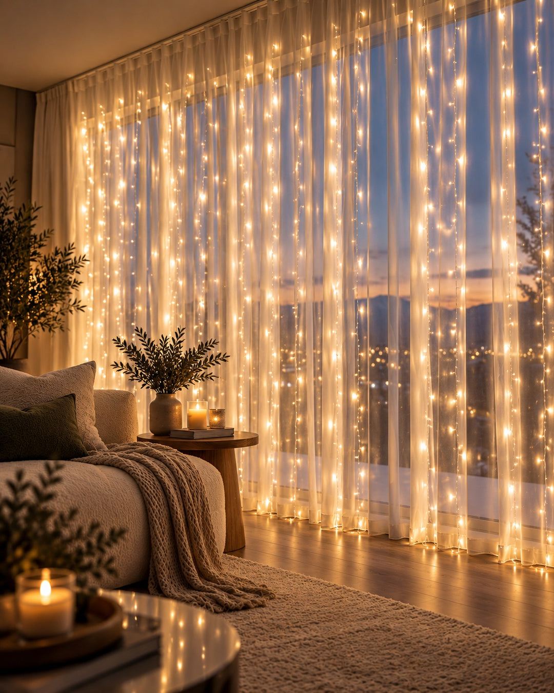 Warm white fairy curtain lights glowing behind sheer curtains in a cozy modern living room at dusk