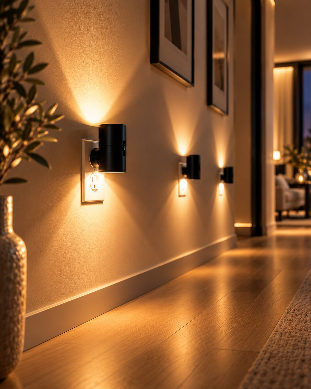 Three plug-in night lights glowing along a hallway wall at night