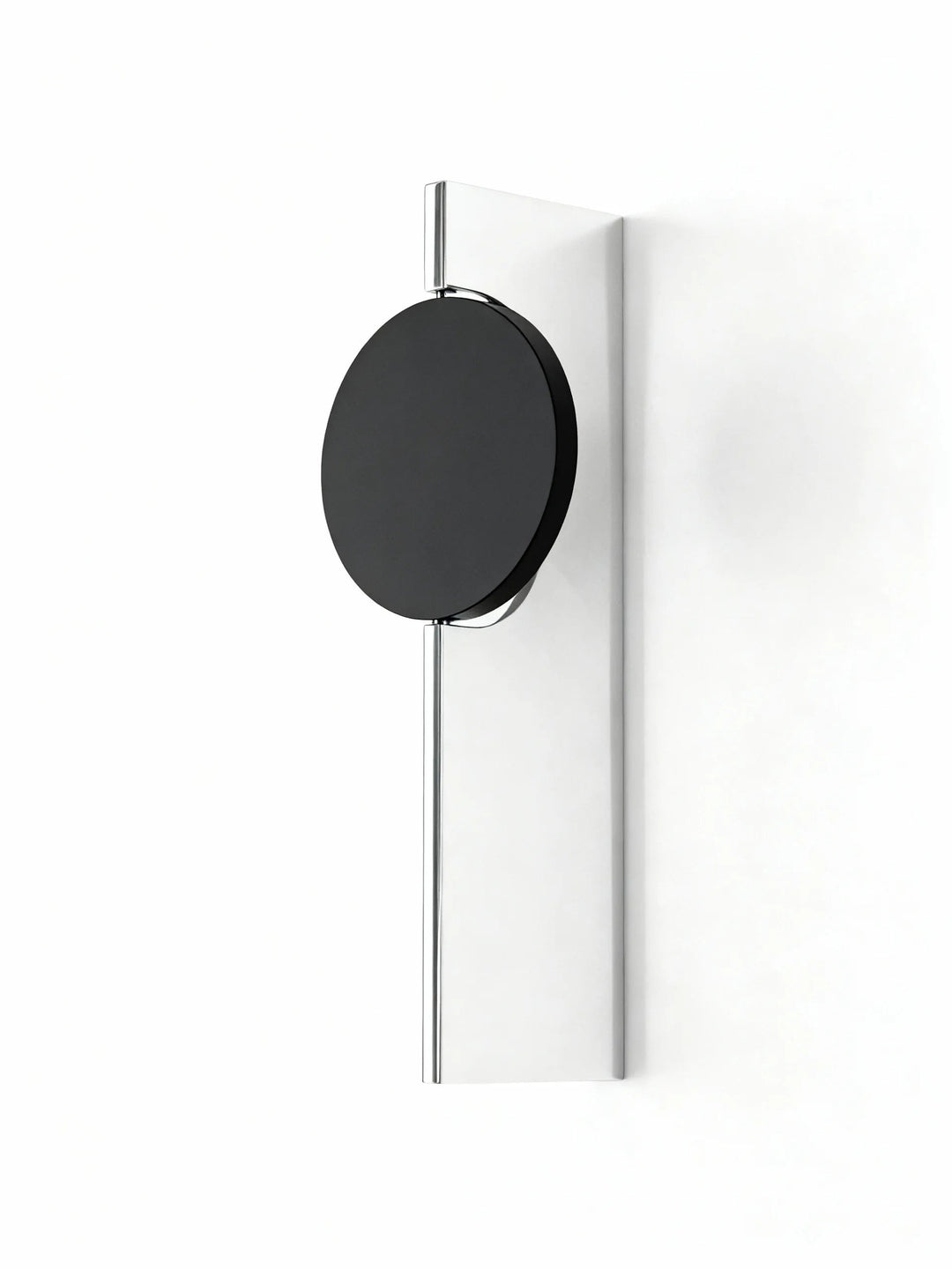 Single head halo wall lamp with one black disc on a slim mirrored backplate, white background