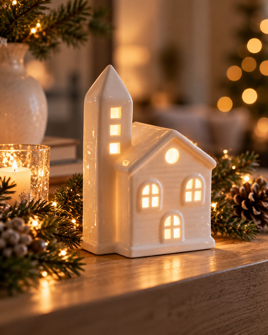 White ceramic house with a bell tower, its windows glowing warmly among pine and candles