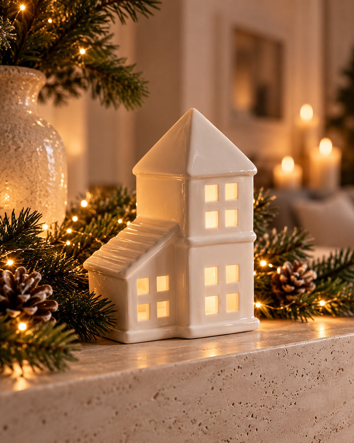 White ceramic house with a pointed pyramid roof lit on a stone mantel at Christmas