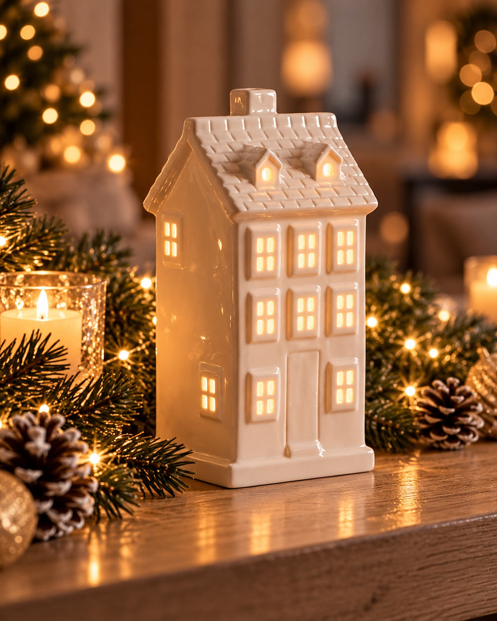 White ceramic Villa house with dormer windows glowing on a Christmas mantel