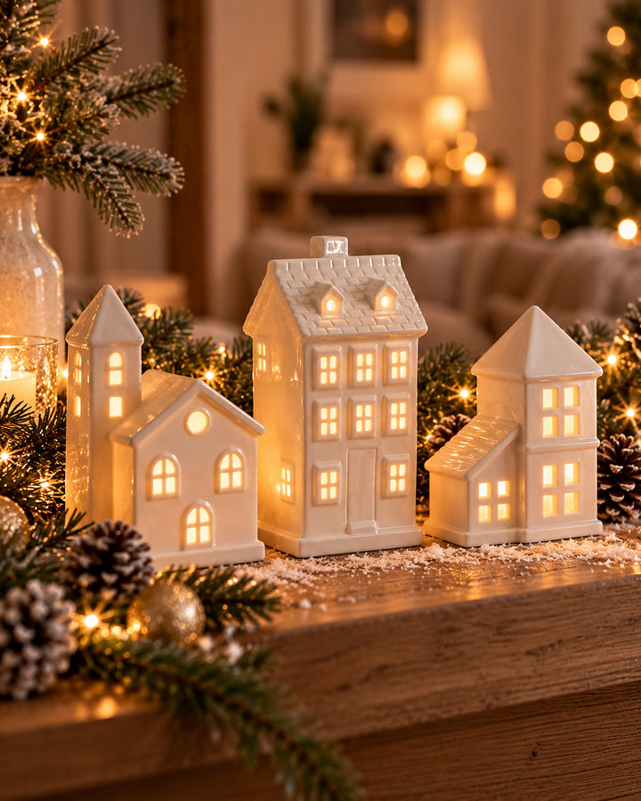 Three lit white ceramic village houses on a snowy Christmas mantel with pine and pinecones
