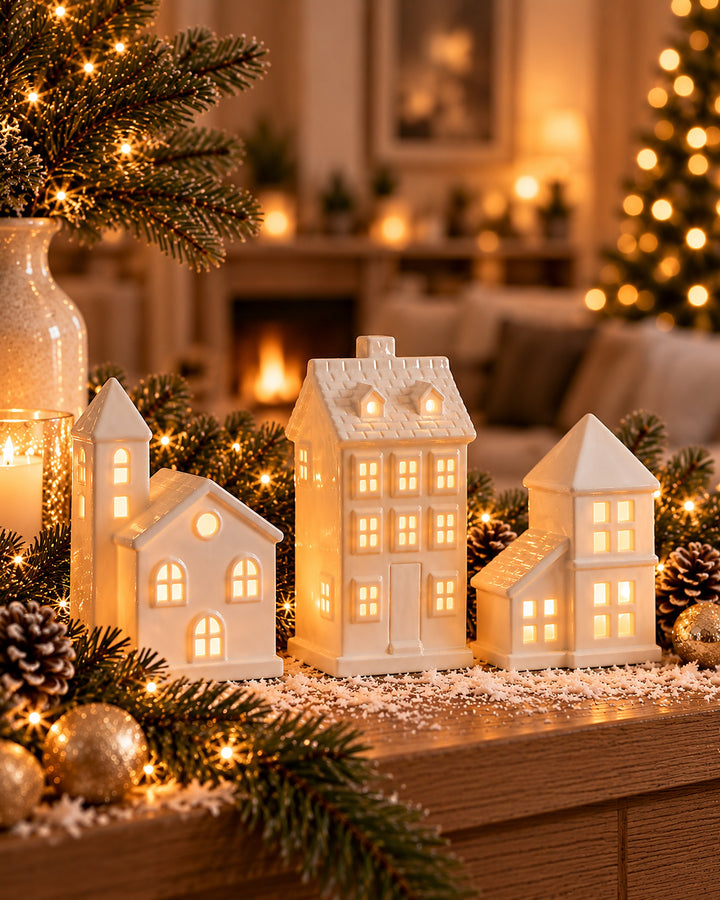 Trio of lighted ceramic Christmas village houses glowing on a mantel beside a fireplace