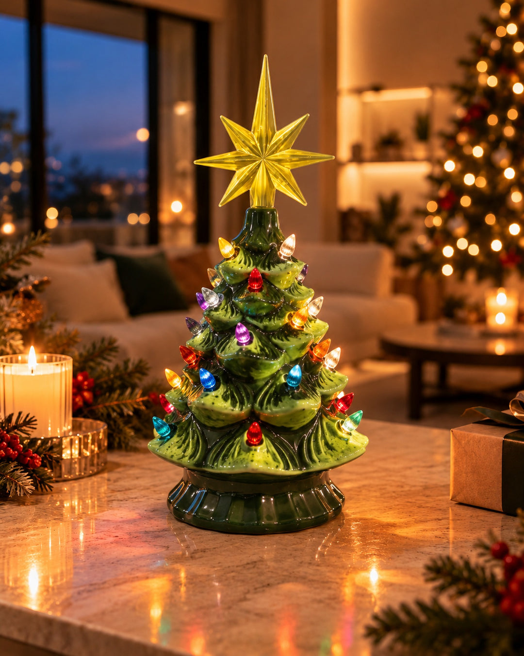 Lighted ceramic Christmas tree with golden star on a marble table
