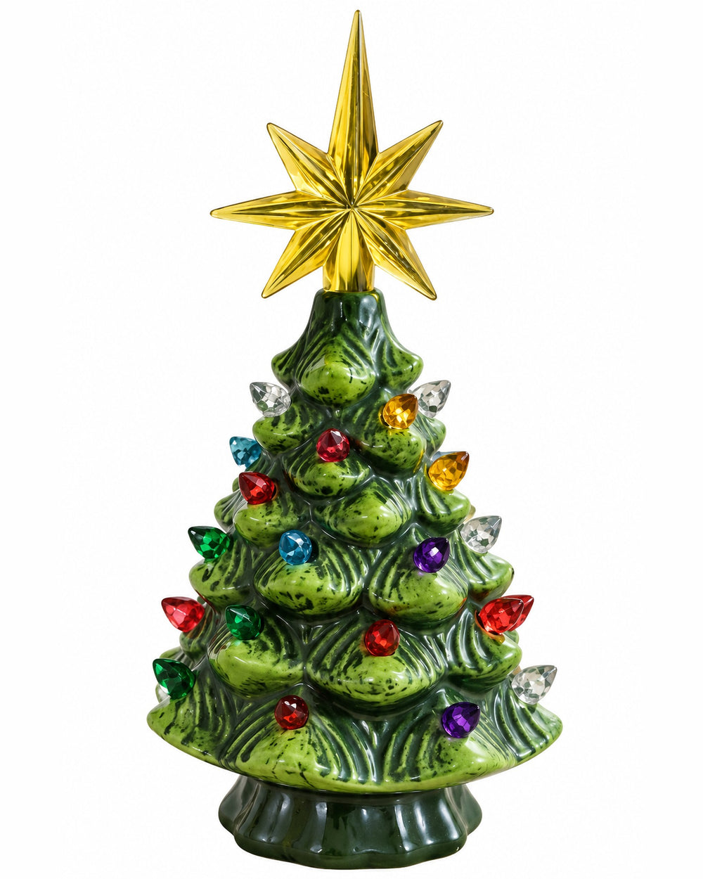 Heirloom ceramic Christmas tree with multicolor bulbs and golden star, white background