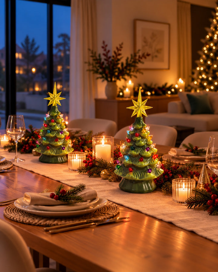Two ceramic Christmas trees as a festive table centerpiece