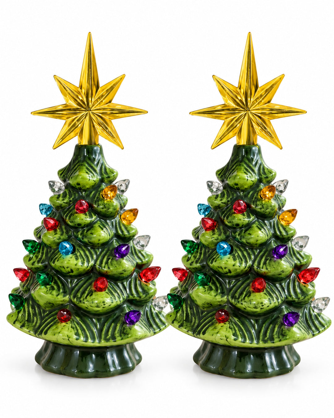 Pack of 2 heirloom ceramic Christmas trees, white background