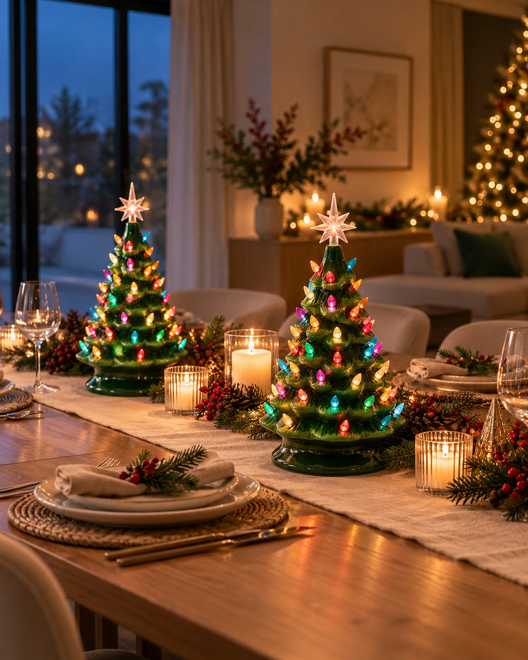 Two lit green ceramic Christmas trees on a holiday dinner table with candles