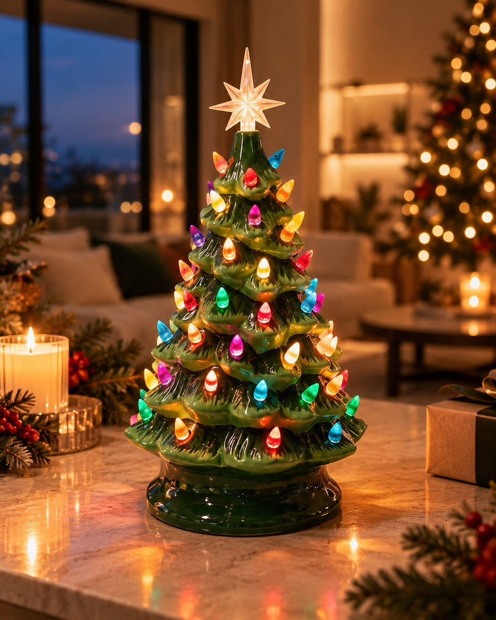 Lit vintage green ceramic Christmas tree with multicolour bulbs on a marble table in a festive living room