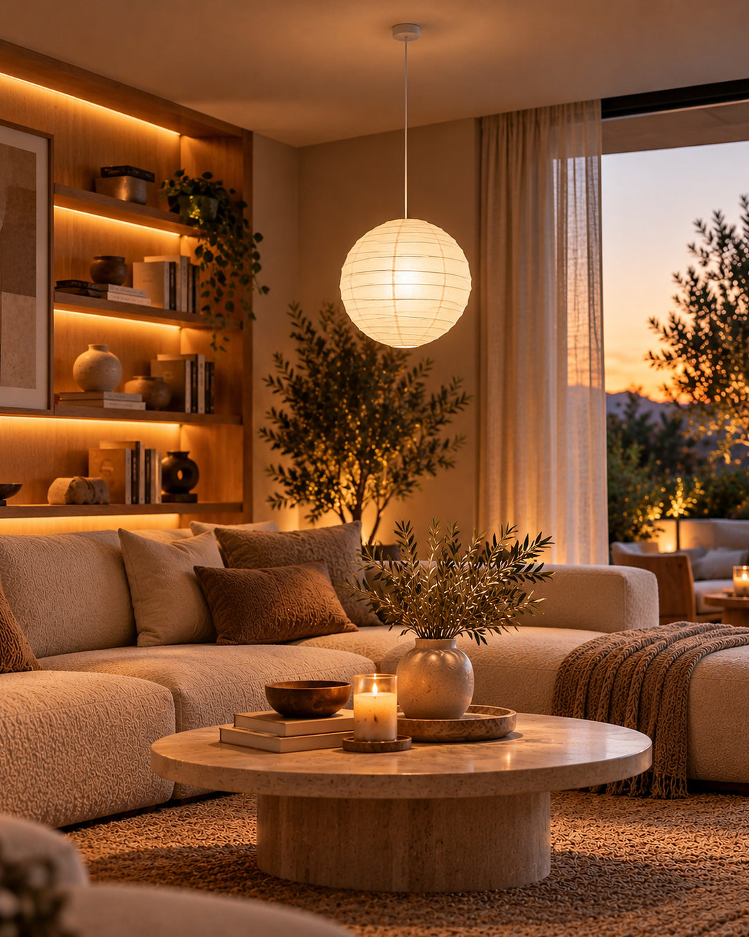 Paper pendant lantern lighting a living room with warm-lit shelves and a cream sofa
