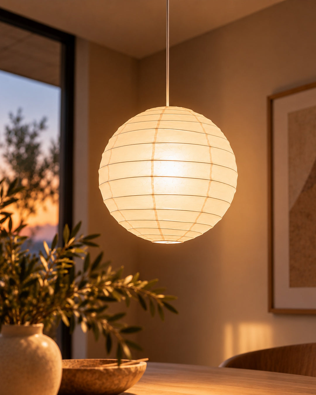 Round paper lantern pendant glowing warmly in front of a sunset window