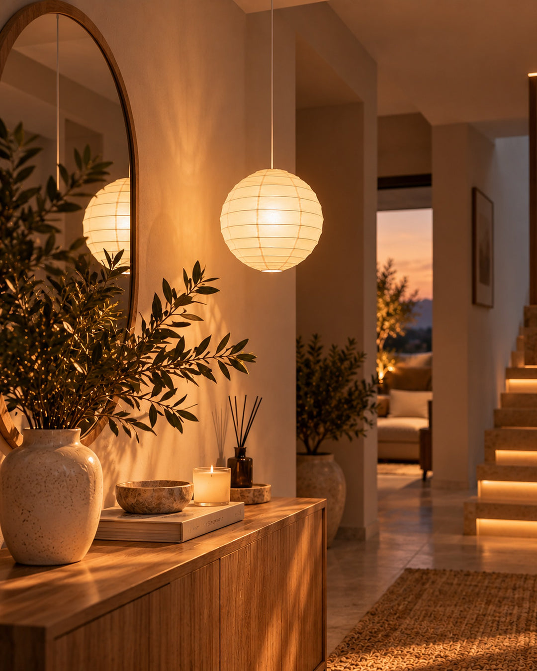 Paper lantern pendant glowing in a warm entryway beside a round mirror and wooden console