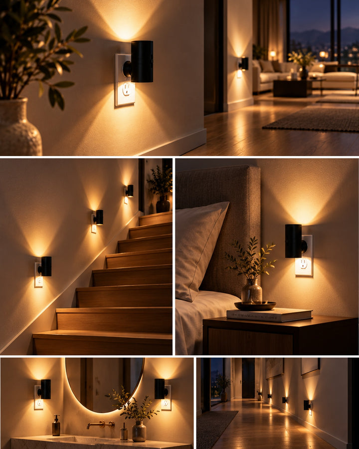 The plug-in night light at night in a hallway, on a staircase, beside a bed, in a bathroom and along a corridor
