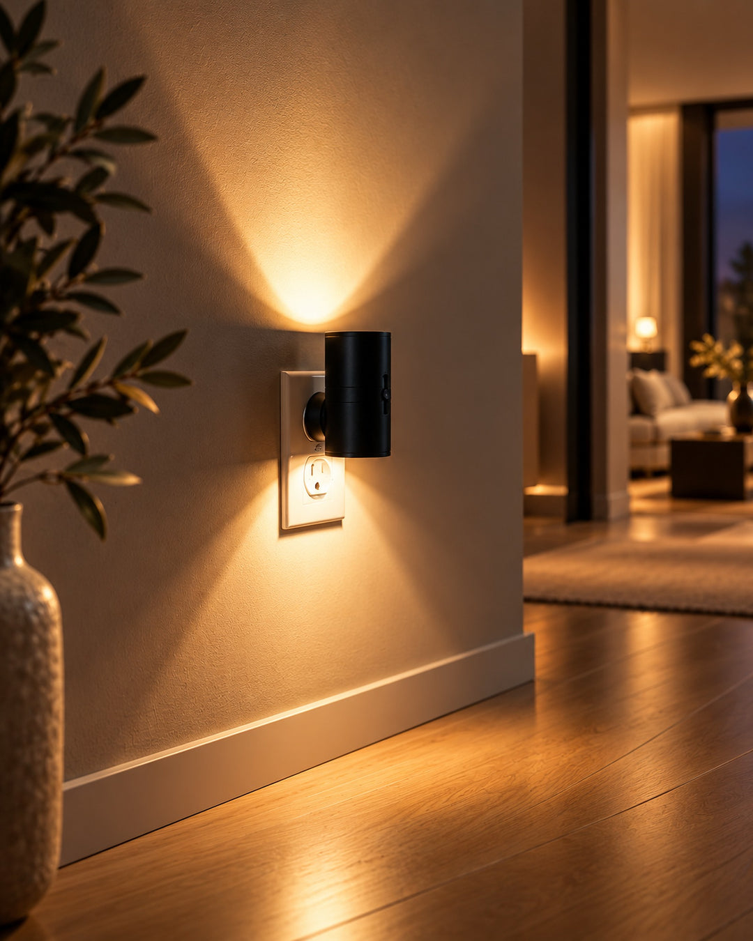 Matte black plug-in night light casting warm beams up and down a hallway wall at night, wood floor and living room glowing behind