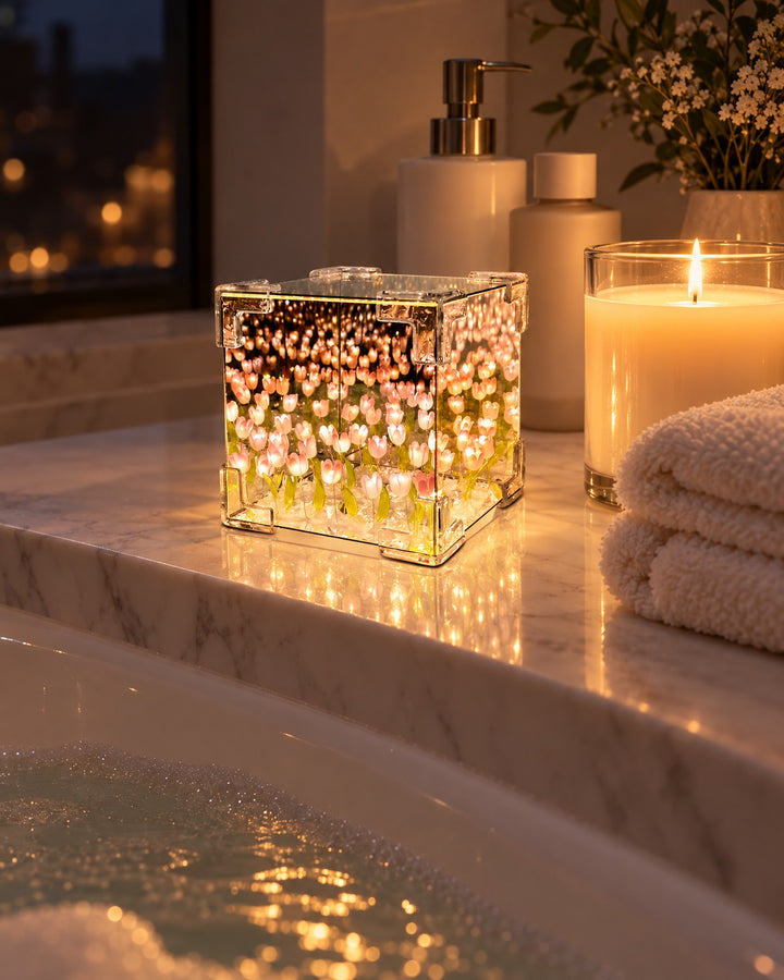 Tulip mirror cube night light glowing with pink tulips on the marble edge of a bathtub beside a candle and a towel