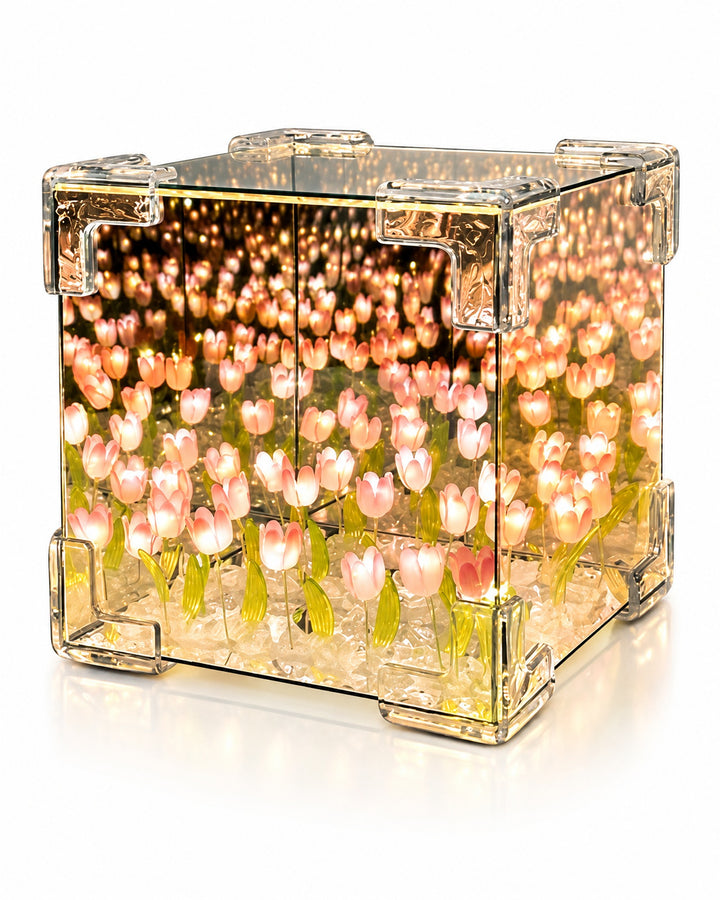 Tulip mirror cube lamp lit with pink LED tulips, three-quarter view on a white background