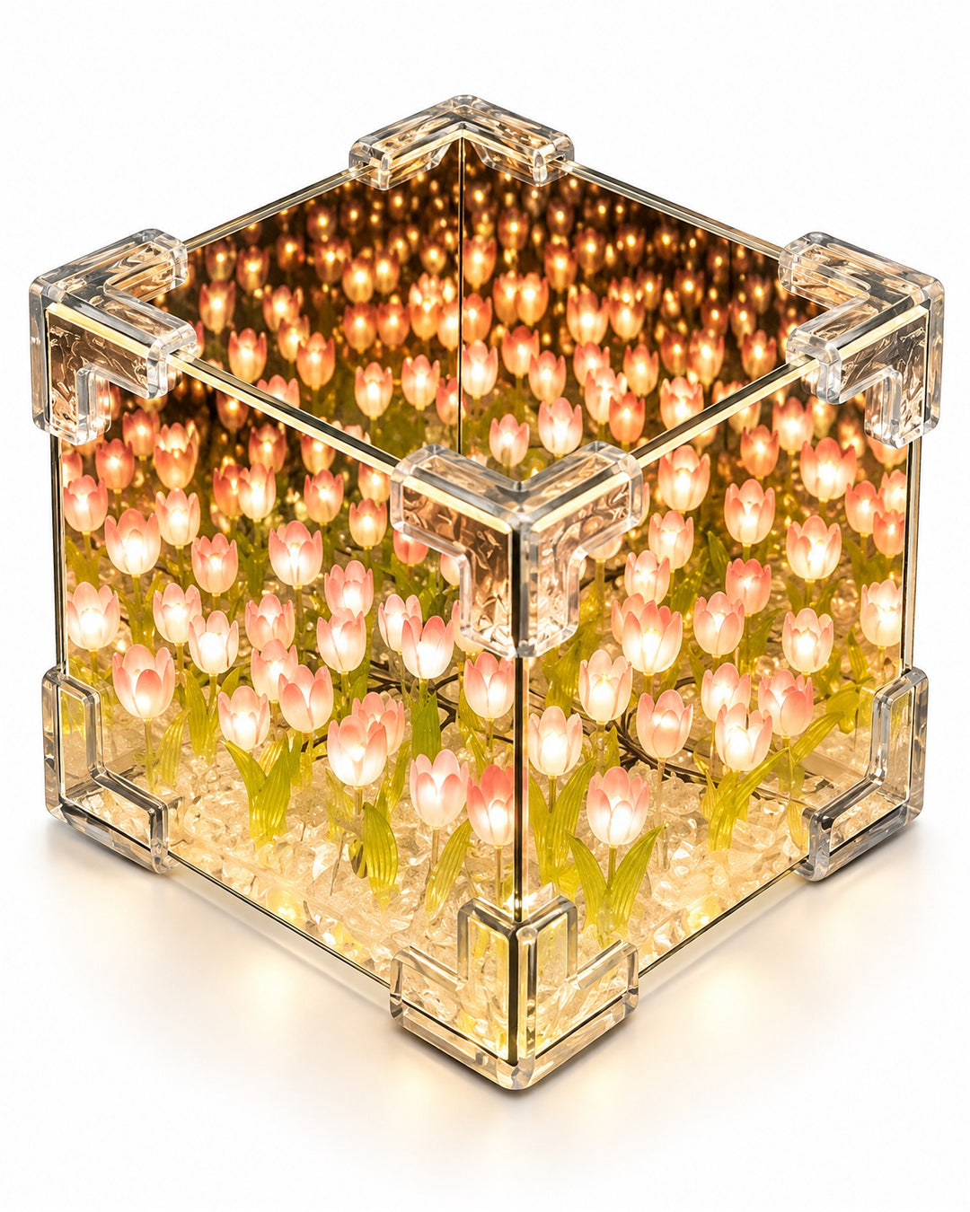 Tulip mirror cube seen from above, showing the glowing tulips reflected inside