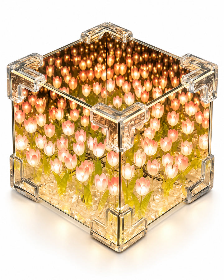 Tulip mirror cube seen from above, showing the glowing tulips reflected inside