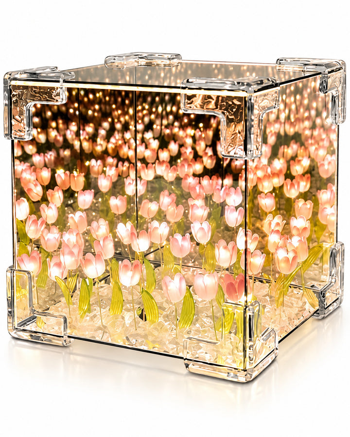 Close-up of the glowing pink tulips and the clear corner connectors of the mirror cube