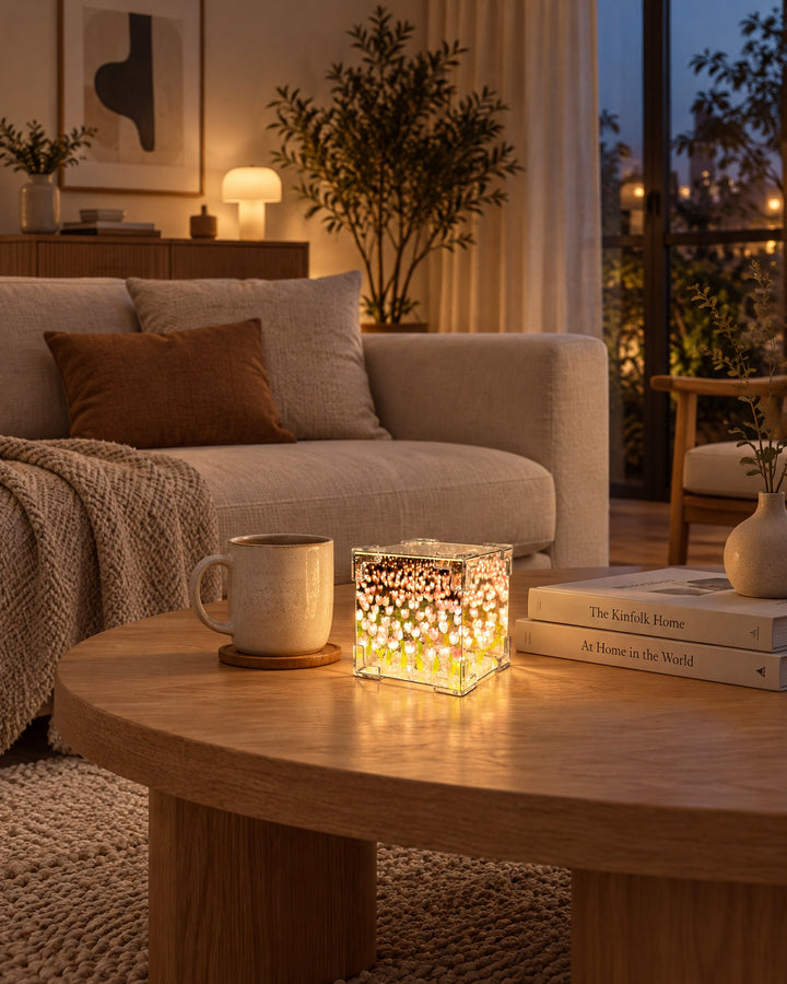 Small tulip cube lamp glowing on an oak coffee table next to a mug and books in a living room