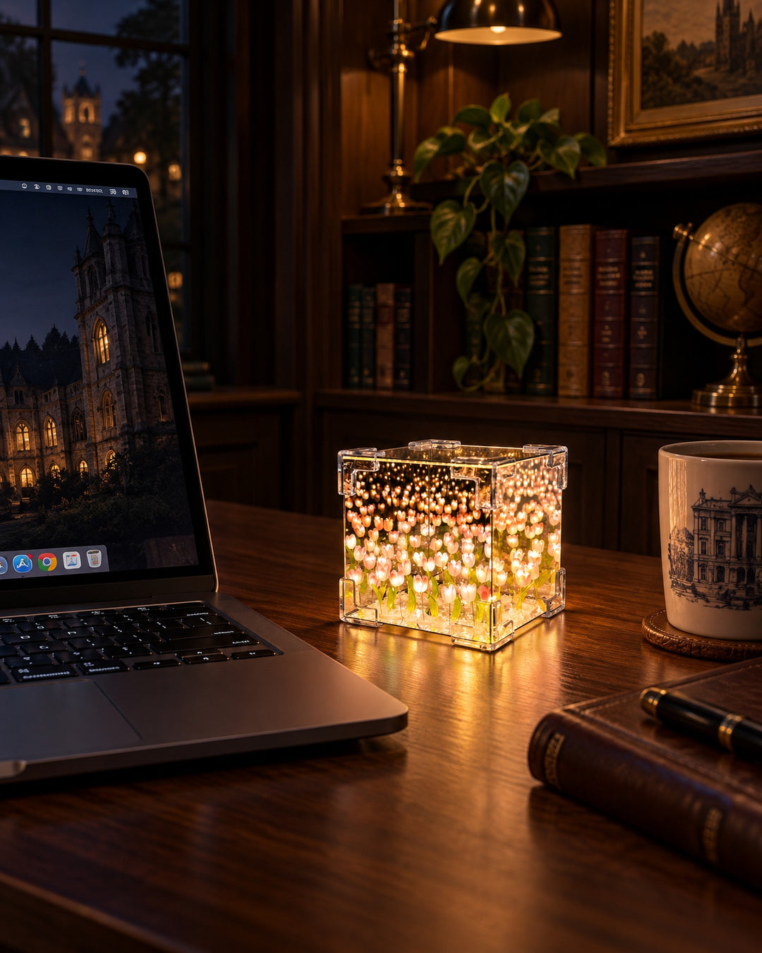Tulip mirror cube glowing on a walnut desk beside a laptop in a library at night