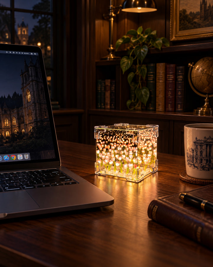 Tulip mirror cube glowing on a walnut desk beside a laptop in a library at night
