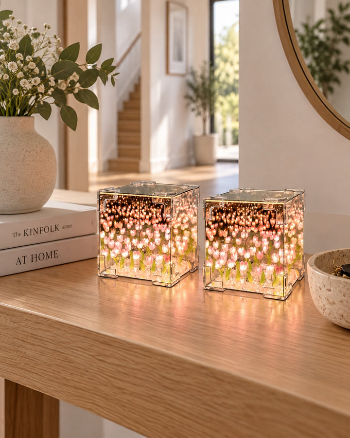 Two tulip mirror cube lamps glowing side by side on an oak console table