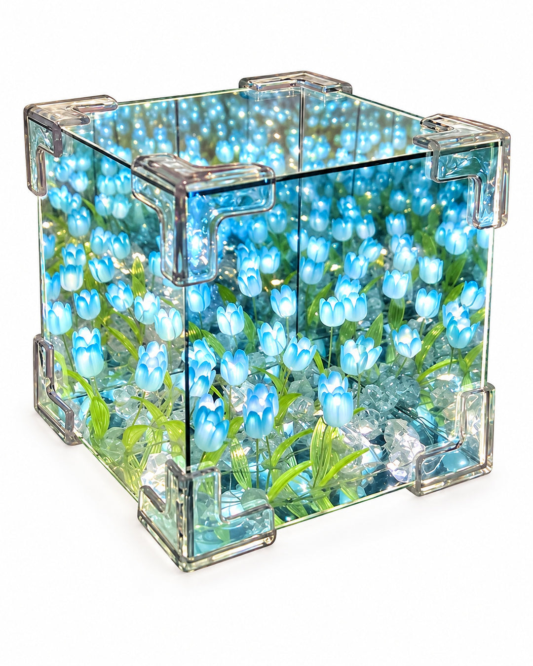Tulip mirror cube lamp lit with blue LED tulips, three-quarter view on a white background