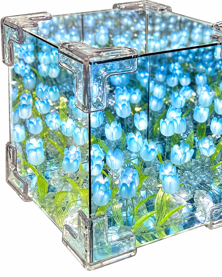 Close-up of the glowing blue tulips and the clear corner connectors of the mirror cube