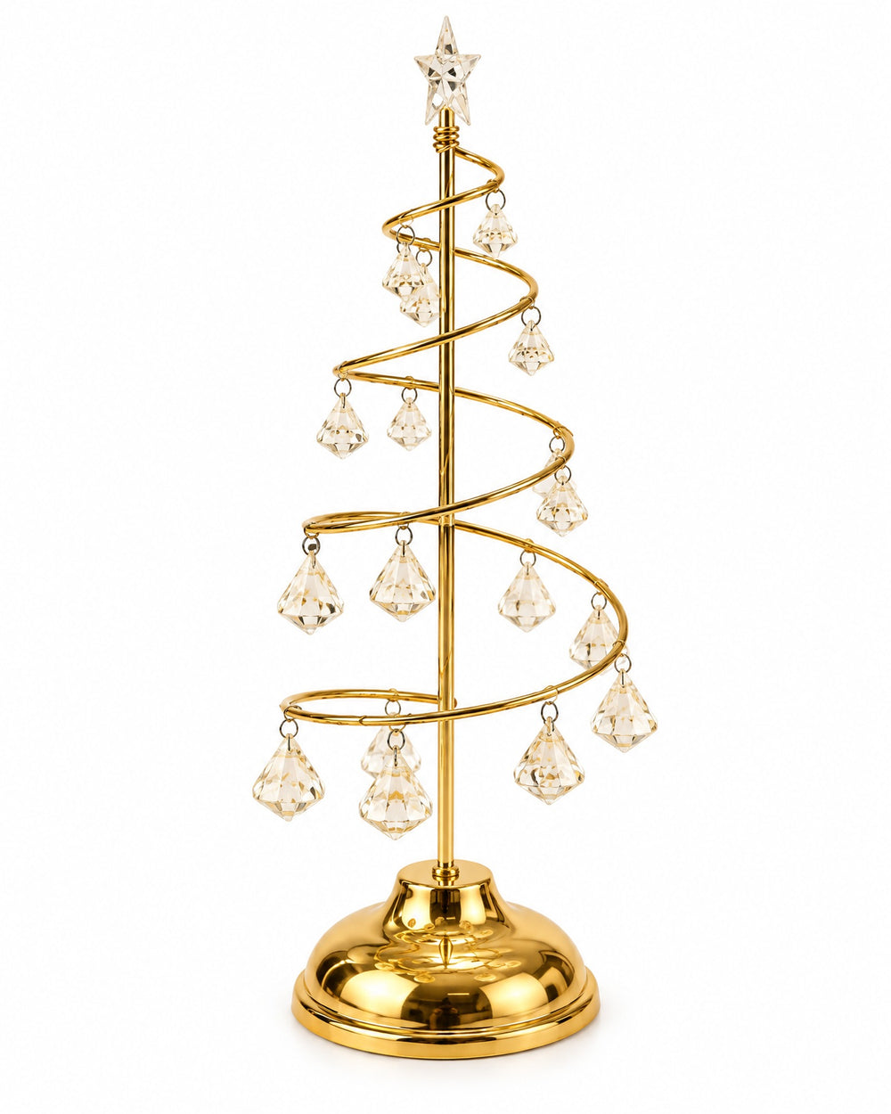 Gold-tone spiral Christmas tree light with clear faceted drops, three-quarter view on a white background