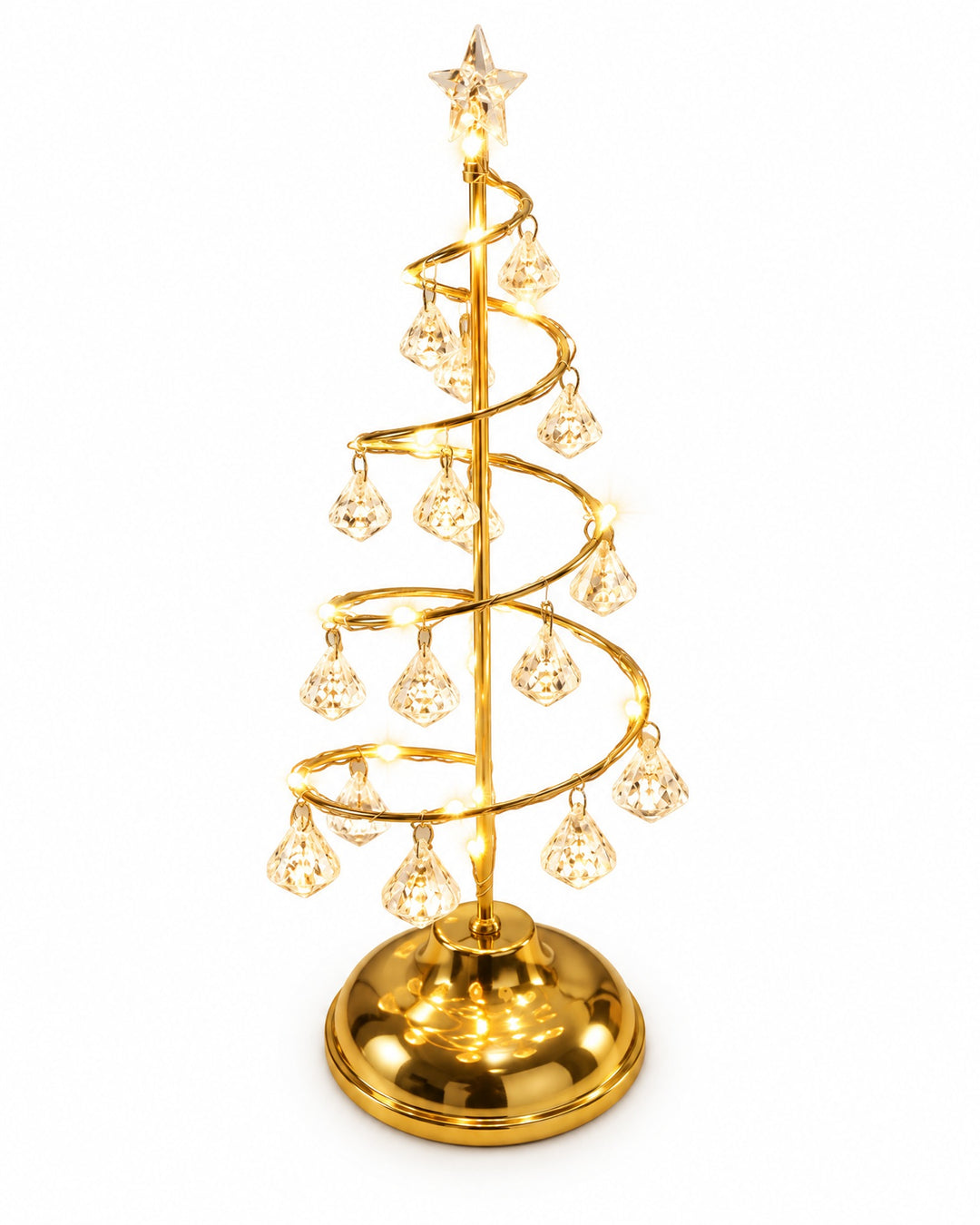 Gold-tone spiral Christmas tree light seen from above, showing the star and the spiral