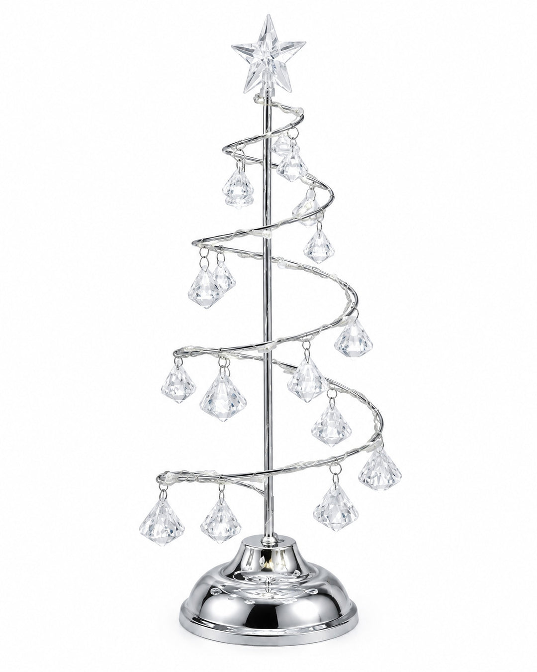 Silver-tone spiral Christmas tree light with clear faceted drops on a white background