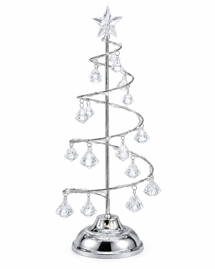 Silver-tone spiral Christmas tree light with clear faceted drops on a white background