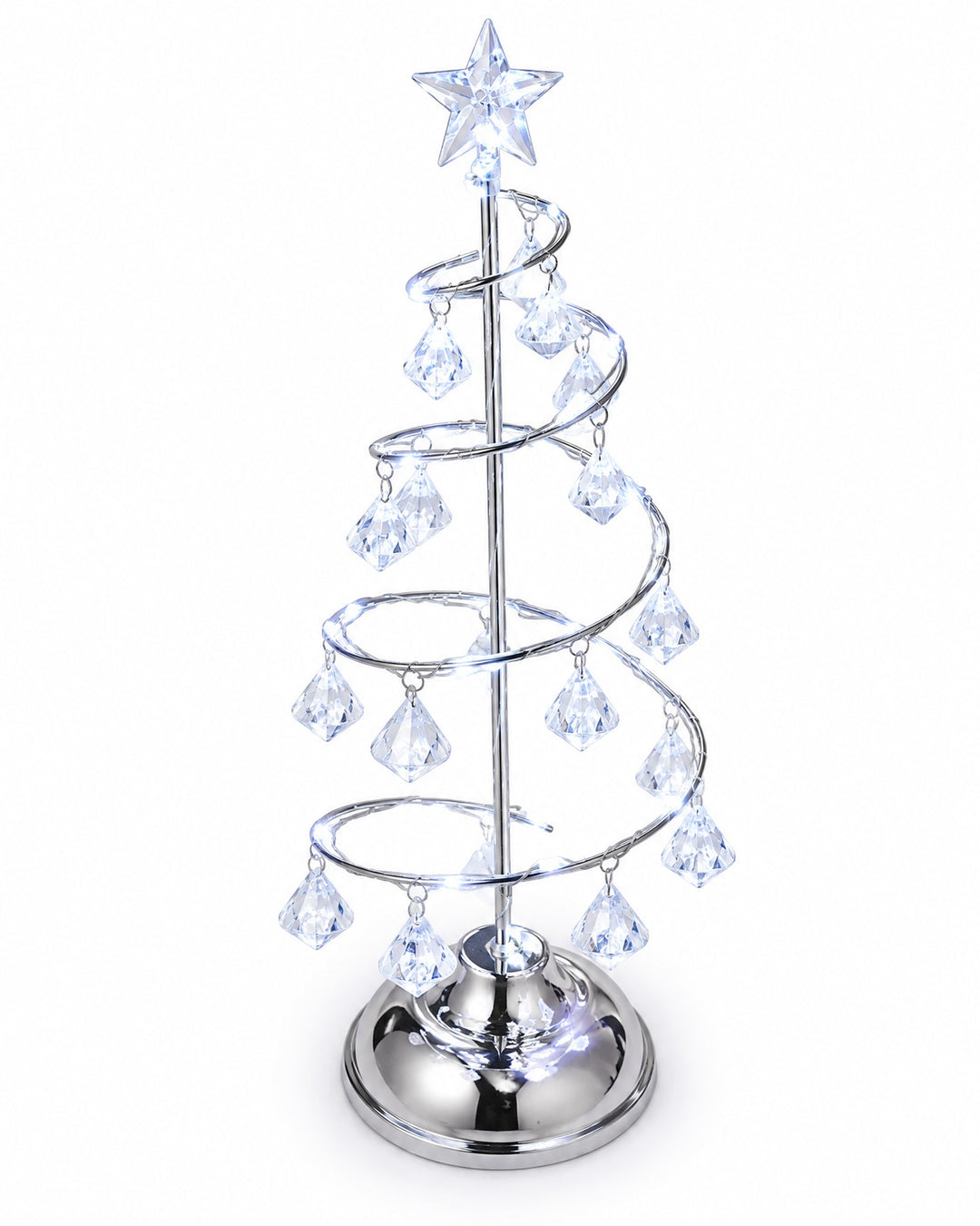 Silver-tone spiral Christmas tree light seen from above