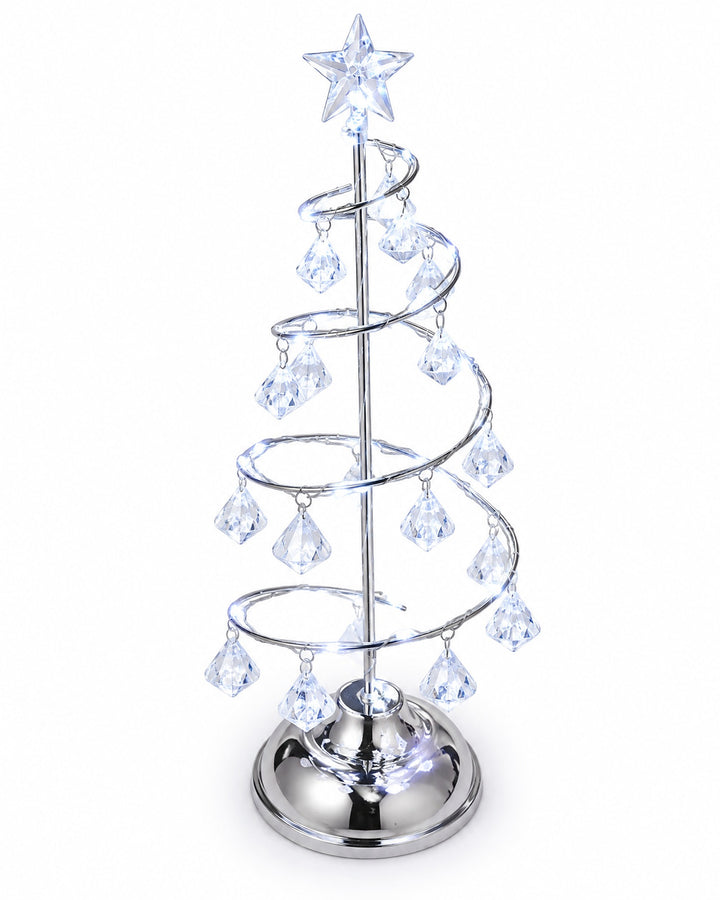 Silver-tone spiral Christmas tree light seen from above